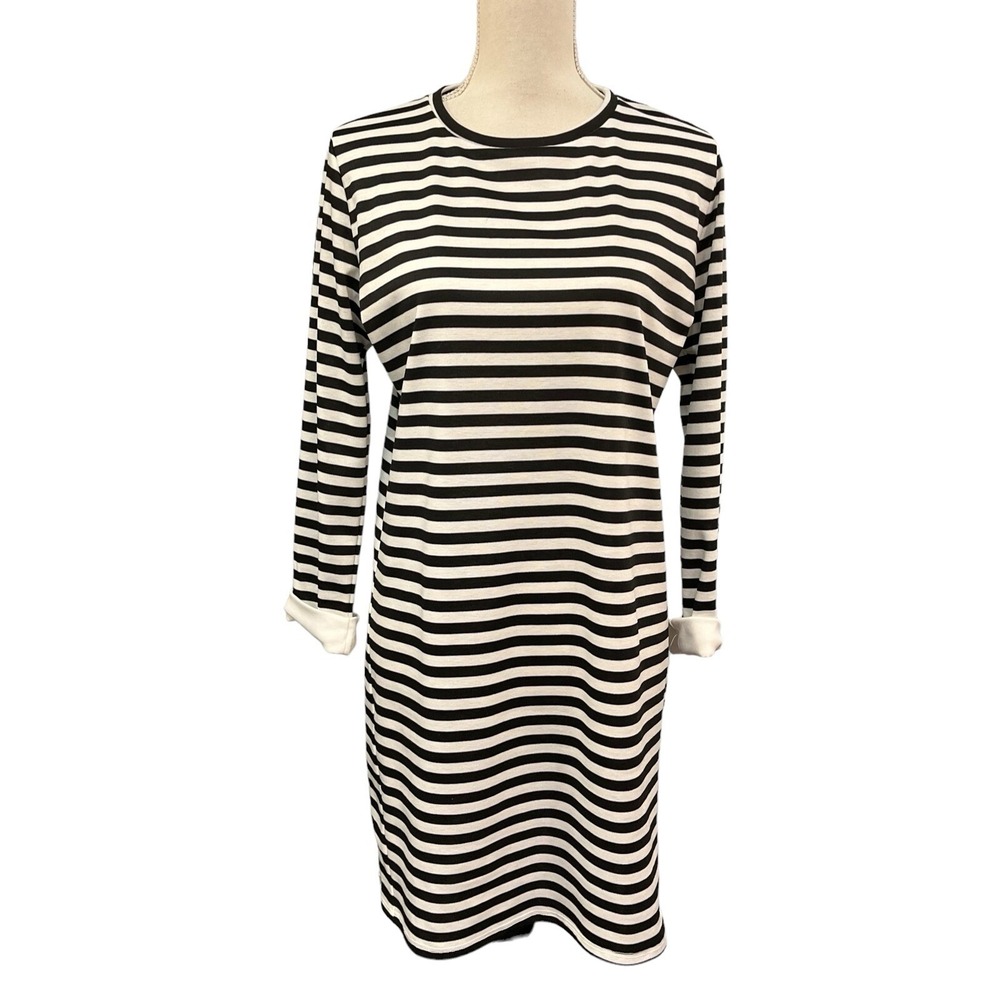Puella‎ Dress Black White Striped Sheath Midi Size M Casual Nautical Preppy